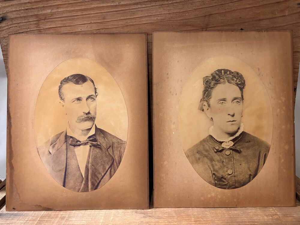 2 Antique Sepia Portraits Photo Woman Man Ghost Scary Halloween Circa 1870-1880s